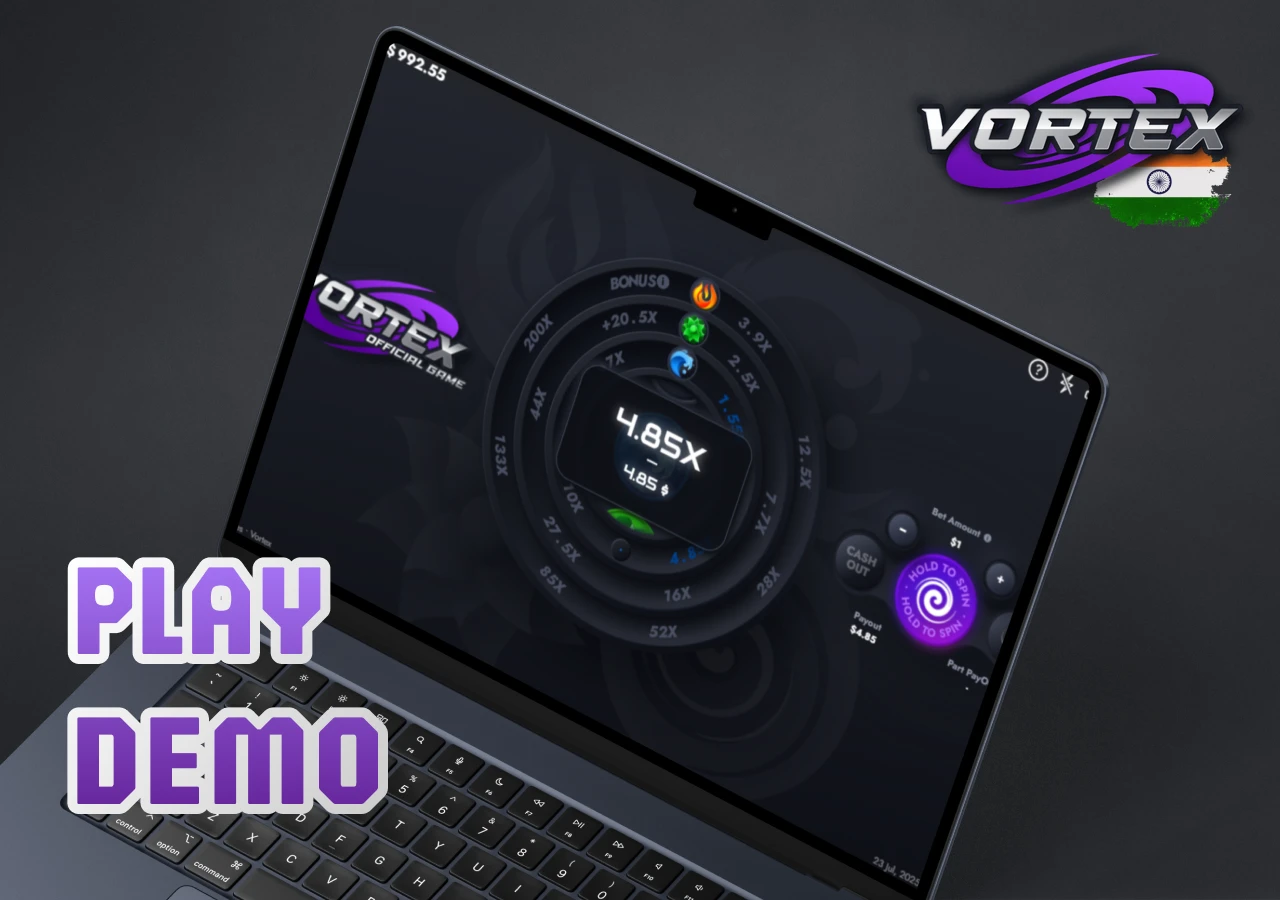 Free-play mode for trying out the Vortex game without real money.