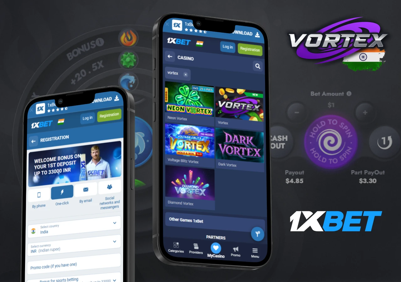 Vortex slot listed in the casino section of 1xBet with full features.